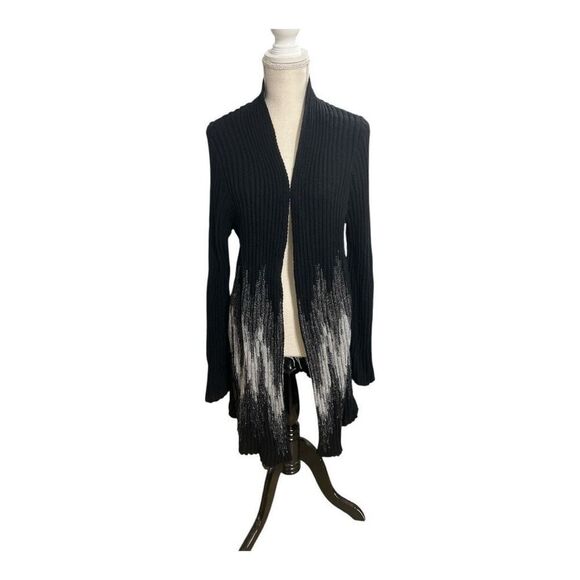 Chico's Wool Blend Black Grey Ribbed Knit Open Front Long Cardigan Size 2(12) - Picture 1 of 11